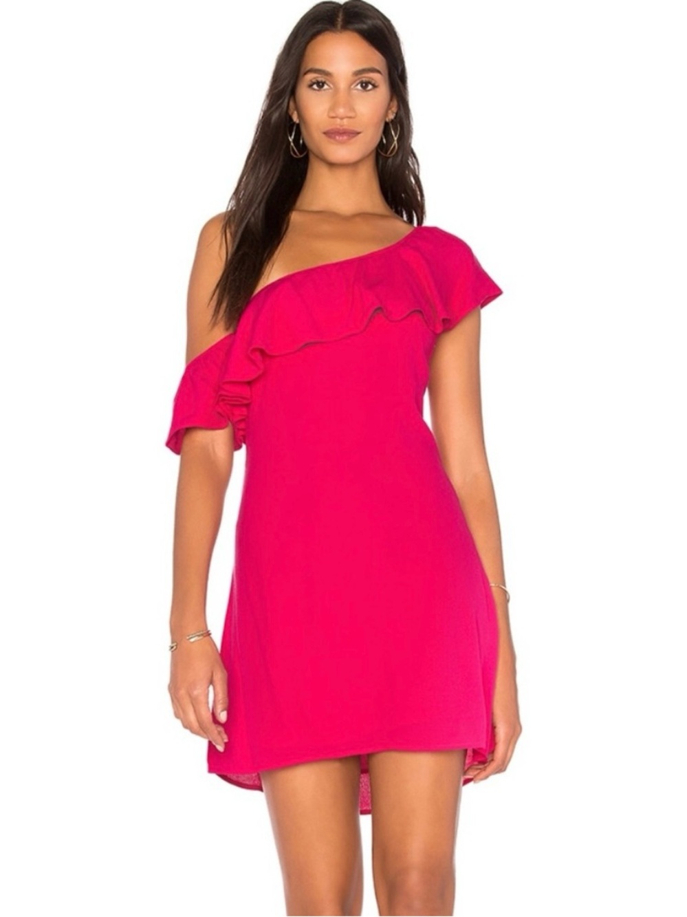 NWT ASTR The Label Marisol Pink Punch Mini Dress One-Shoulder Ruffle Size Medium